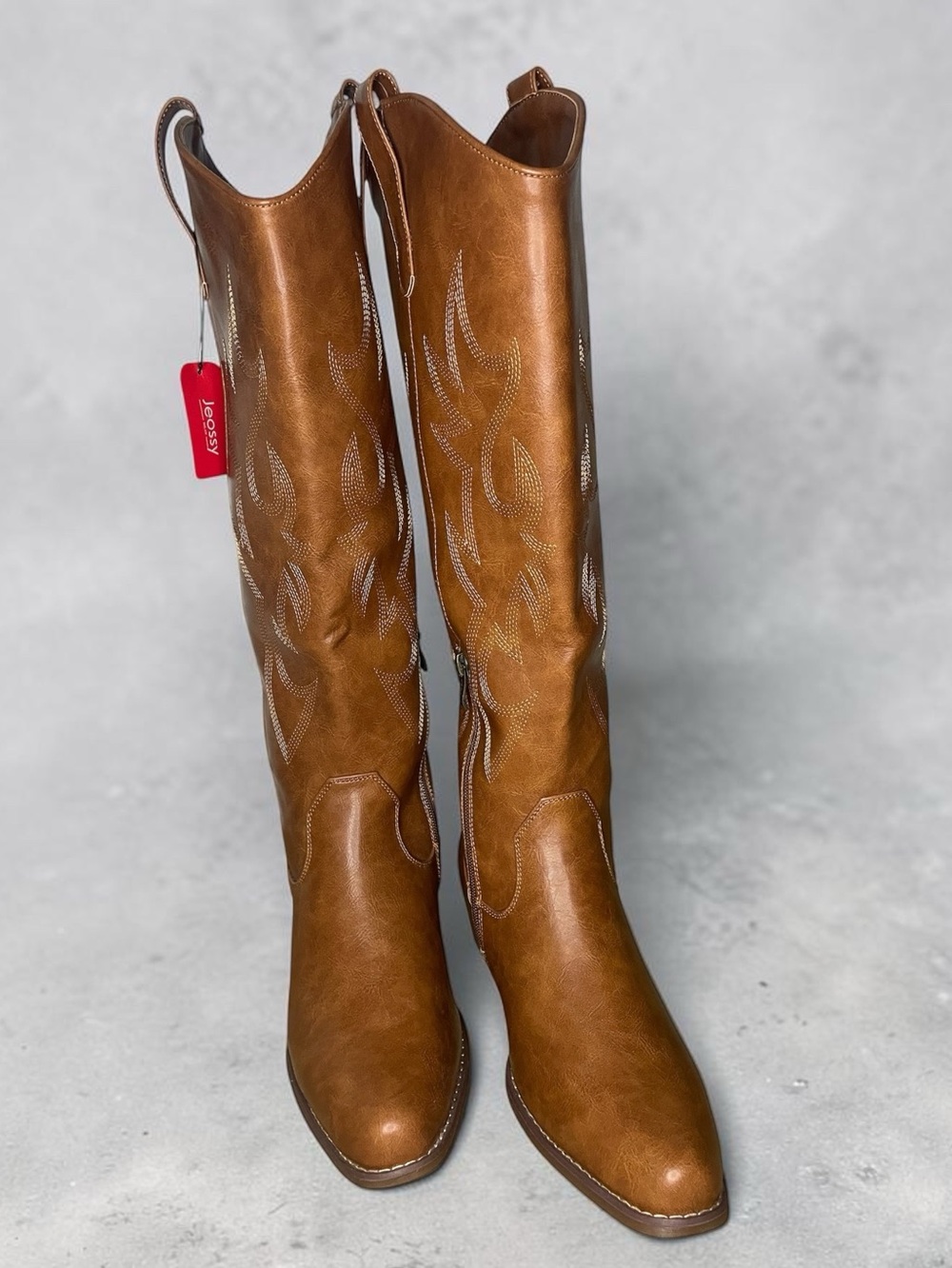 NWT Jeossy Brown Cowboy Boots Embroided Pull on Wide Calf Boots-9.5